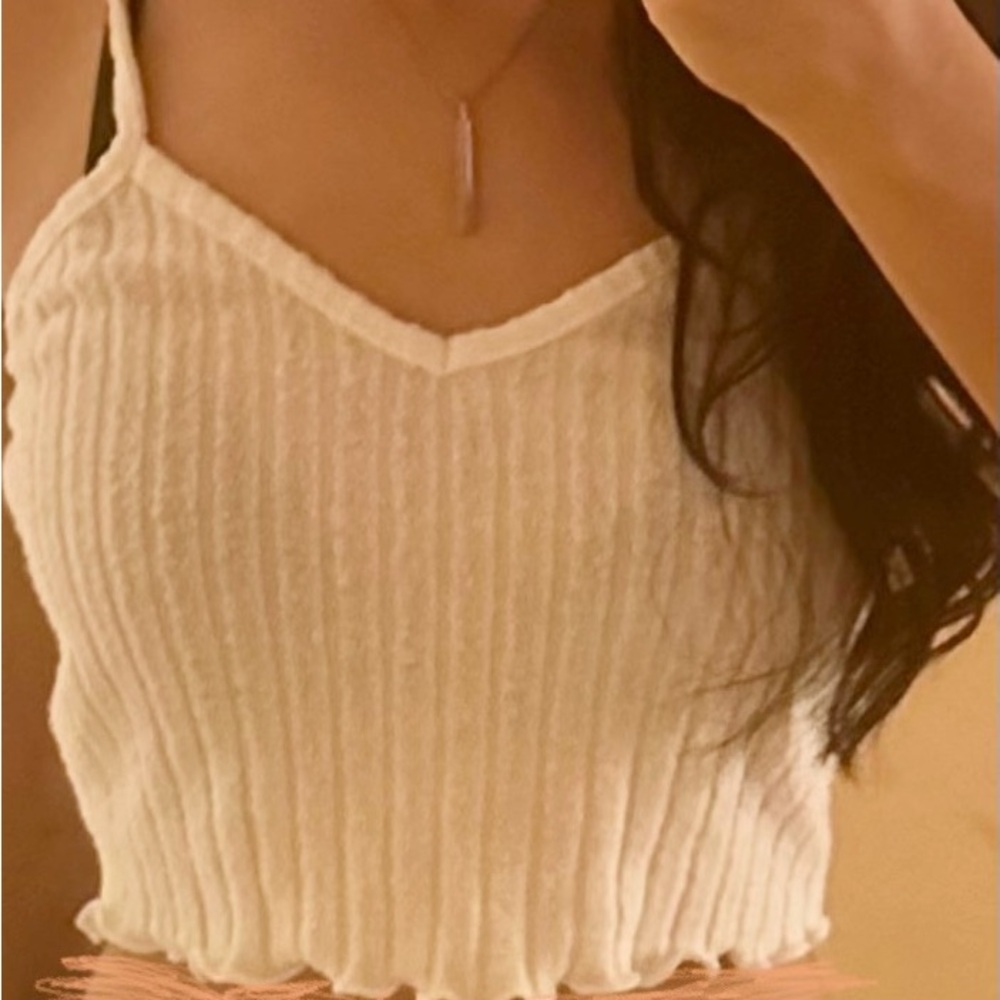 White Ribbed Lettuce Trim Cropped Tank Top w/ Adjustable Straps